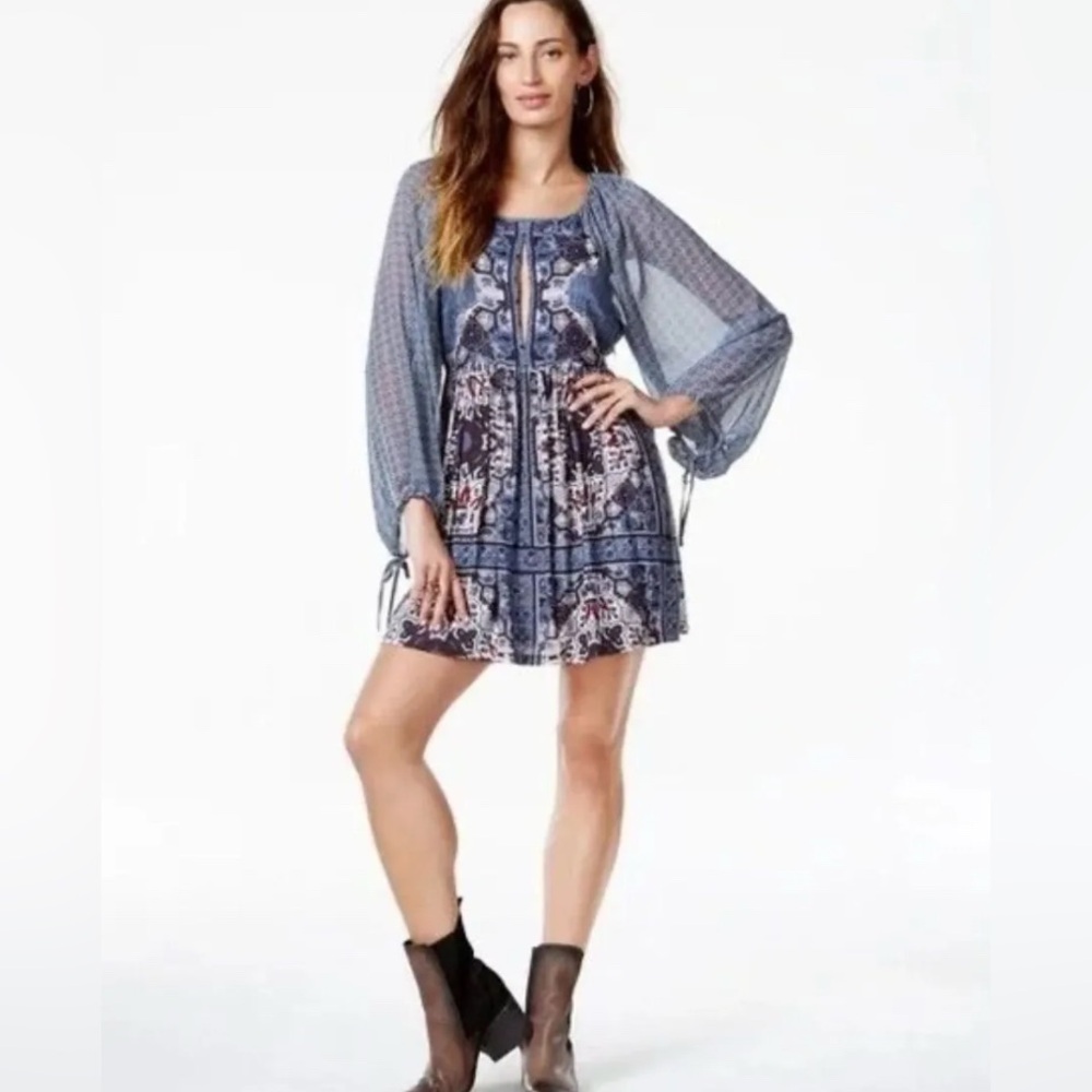 Free People Oksana Mini Dress Marine Blue Boho Peasant Puff Sleeve size 4
